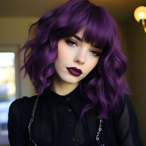 Purple Balayage With Bangs, Dark Purple Shoulder Length Hair, Costumes With Purple Hair, Dark Purple Ombre Hair, Purple Bob Hair, Witchy Hair Color, Purple Hair With Bangs, Wavy Shoulder Length Bob, Purple Hair Tips