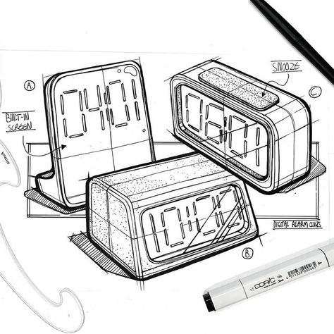 Digital Clock Illustration, Digital Clock Drawing, Alarm Clock Tattoo, Exploded View Sketch, Alarm Clock Drawing, Product Sketching, Clock Drawing, Alarm Clock Design, Clock Drawings