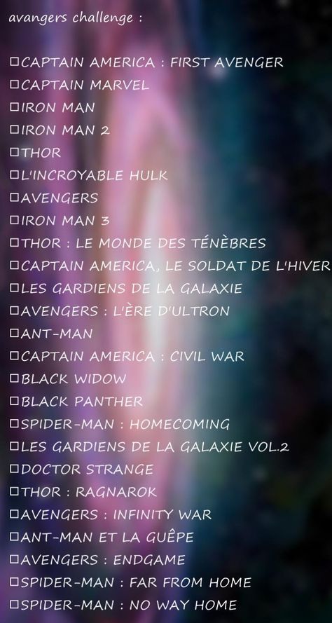 🤍Le marvel challenge dans l'ordre chronologique des films🤍 Photography Challenge, Marvel Series, Ms Marvel, Captain Marvel, Black Widow, Marvel Universe, Captain America, Avengers, Universe