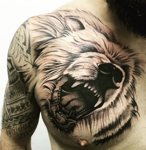 Bear tattoo on chest Grizzly Bear Chest Tattoo, Bear Tattoos For Men Chest, Bear Chest Tattoo Men, Bear Chest Tattoo, Bear Back Tattoo, Bear Tattoo Designs For Men, Chest Tattoo Bear, Bear Tattoos For Men, Grizzly Bear Tattoos