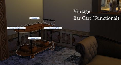 Functional Vintage Bar Cart | Mirai on Patreon Sims 4 Bar, Sims 4 Vintage, Vintage Bar Cart, Sims 4 Decades Challenge, Sims 4 Patreon, Drink Cart, Vintage Bar Carts, Bar Cart Styling, Old Bar