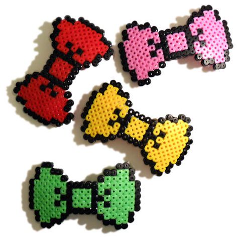 8-bit hair clips Bow Perler Beads, Gamer Wedding, Melt Beads Patterns, Gamer Stuff, Hello Kitty Bow, Wedding Shower Themes, Cute Diy Projects, Bow Template, Couples Pictures