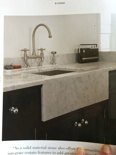 Great way to have the marble sink look on island - marble facade with drop in stainless steel sink. Also better for food disposal unit Marble Front Kitchen Sink, Marble Farmhouse Sink, Stone Front Sink, Stone Apron Sink, Marble Sink Apron, Marble Apron Front Kitchen Sink, Marble Sink Kitchen, Green Kitchen Interior, Marble Facade