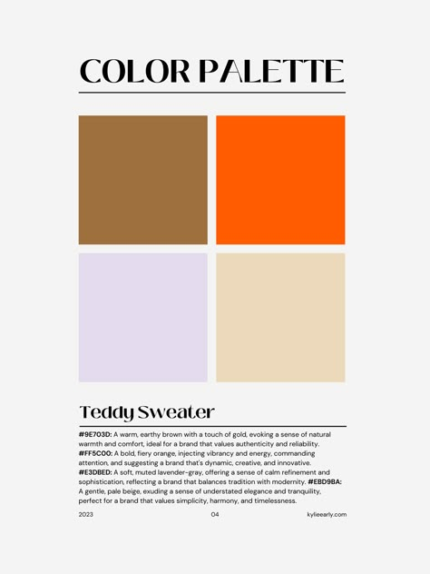 #9E703D A warm, earthy brown with a touch of gold, evoking a sense of natural warmth and comfort #FF5C00 A bold, fiery orange, injecting vibrancy and energy #E3DBED A soft, muted lavender-gray, offering a sense of calm refinement and sophistication #EBD9BA A gentle, pale beige, exuding a sense of understated elegance and tranquility #colorinpso #colorpalette #inspiration #inspo #design #color 5 Color Scheme, Warmth Color Palette, Color Pallete With Brown, Orange Beige Color Palette, Scandi Color Palette, Orange Brown Color Palette, Warm Blue Color Palette, Copper Color Palette, Brown Colour Palette