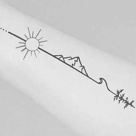 Ocean Mountain, Mountain Tree, Sun Tattoos, Mountain Tattoo, Dainty Tattoos, Spine Tattoos, Wedding Tattoos, Tree Tattoo, Wrist Tattoos