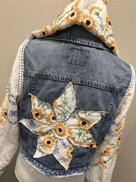 Upcycled and Redesigned and one-of-a-kind garmentSize: Medium/LargeBust: 40", Shoulder-to-shoulder: 13", Jacket Length: 17", Sleeve Length: 25" Jean Jacket Diy Upcycling, Upcycle Denim Jacket, Denim Jacket Upcycle, Alter Clothing, Thrift Upcycle Clothes, Denim Jacket Pattern, Recycled Denim Projects, Denim 2024, Reworked Denim Jacket