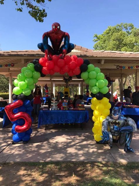 Avenger Party, Avengers Birthday Party Decorations, Spiderman Birthday Party Decorations, Marvel Birthday Party, Avenger Birthday Party, Spiderman Birthday Party, 5th Birthday Party Ideas, Batman Spiderman, Boy Birthday Party Themes