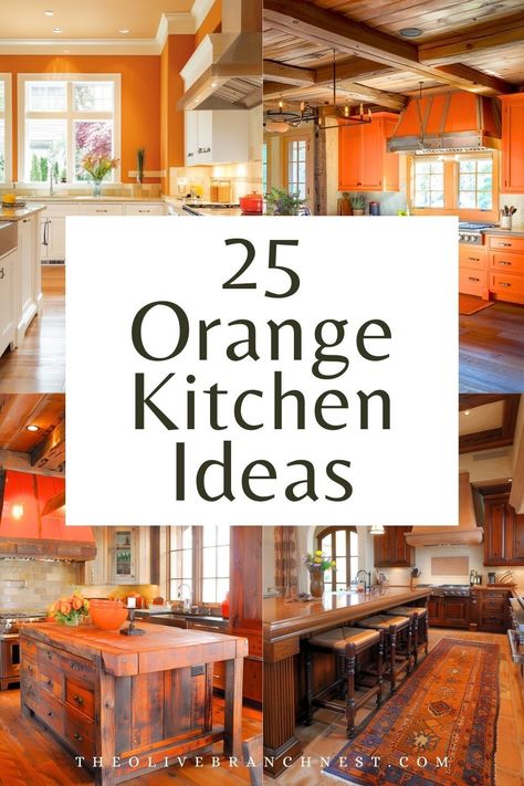 Discover the warmth 🌞 and vibrancy of orange kitchens with our inspirational ideas! Whether it's the cozy glow of orange walls, the bold statement of orange cabinets, or a harmonious blend of both, these designs will spark your creativity 🔥. Perfect for anyone looking to add a splash of color and energy to their cooking space. From modern to rustic, find the inspiration you need to create a lively, inviting kitchen. Orange Cupboards Kitchen Cabinets, Orange Granite Countertops Kitchen, Orange Walls Kitchen, Rust Kitchen Walls, Green And Yellow Kitchen Ideas, Orange Wall Kitchen, Bold Kitchen Design, Colorful Kitchen Walls, Orange Cabinets Kitchen