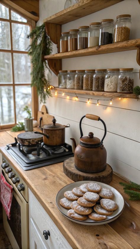 Bring warmth and rustic charm to your kitchen this winter! Wooden accents, freshly baked treats, earthy ceramics, and fairy lights create a festive and inviting space perfect for the season. Pair it with vintage touches for a timeless look. Save this pin for your winter kitchen decor inspiration! 🕯️❄️ #RusticKitchen #WinterDecor #CozyVibes #FestiveInspiration #SeasonalStyle Save this pin and start creating your cozy winter kitchen setup today! 🍵✨ Vegan Kitchen Aesthetic, Kitchen Farm Style, Old World Farmhouse Kitchen, Rustic Antique Kitchen, Cozy Eclectic Home Kitchen, Coffee Bar Shelving Ideas, Cosy Kitchen Decor, Rustic Kitchen Storage Ideas, Outdoorsy House Decor