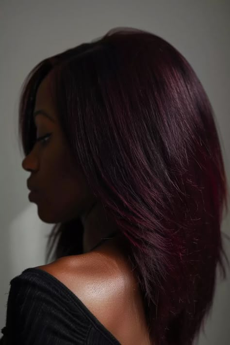 The Hottest Shades of Burgundy Hair Color for 2024 - Flo's Blog Dark Burgundy Sisterlocks, Burgandy Hair On Brown Girl, Black Cherry Hair Color Brown Skin, Cherry Cola Hair Color On Black Women, Maroon Hair Black Women, Red Gloss On Brown Hair, Burgundy Silk Press Natural Hair, Deep Red Hair Color Burgundy Wine, Maroon Hair Burgundy Wine