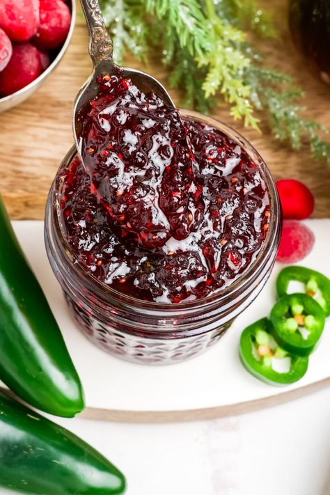 Cranberry Jalapeno Jam - Kitchen Divas Cranberry Jalapeno Jelly Recipe, Cranberry Jalapeno Jam Recipe, Cranberry Jalapeno Jam, Cranberry Pepper Jelly Recipe, Jalapeno Jam Recipe, Spicy Jam, Cranberry Sauce Muffins, Jalapeno Jelly Recipes, Cranberry Jalapeño