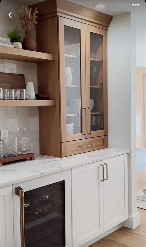 Side Wall Cabinet Kitchen, Kitchen Cabinet Bookshelf, Kitchen With Some Glass Cabinets, Wine Niche Ideas, Unused Kitchen Space Ideas, All Open Shelving Kitchen, White Oak Glass Kitchen Cabinets, Built In Espresso Bar, Wine Cabinet In Kitchen