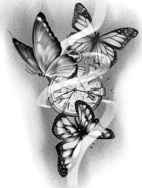 Hourglass Tattoo With Butterflies, Butterfly And Compass Tattoo, Feminine Side Tattoos, Clock Butterfly Tattoo, Butterfly Clock Tattoo, Half Sleeve Tattoos For Women Upper Arm Unique, Tattoo Ideas Female Inspiration, Arm Sleeve Tattoos For Women, Remembrance Tattoos