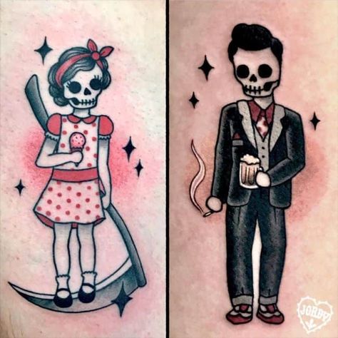 Cute-matching-couple-tattoos-you-cant-look-away-OurMindfulLife.com-11 Dark Tattoos For Couples, Non Traditional Couples Tattoos, Weird Couples Tattoos, Spooky Love Tattoo, Matching Nerdy Couple Tattoos, Fun Couples Tattoo, Matching Music Tattoos Couples, Halloween Couples Tattoo, Matching Goth Tattoos Couples