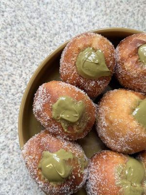 Pistachio Doughnuts | Ash Baber Pistachio Donut, Ash Baber, Pistachio Desserts, Red Velvet Cheesecake Cake, Brioche Donuts, Pistachio Dessert, Japanese Milk Bread, Pistachio Cookies, Pistachio Cream