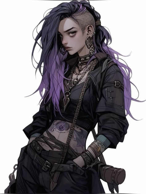 Punk Character, Cyberpunk Female, Cyberpunk Character, Dungeons And Dragons Characters, Female Character Design, Dnd Characters, Character Portraits, Purple Hair, Fantasy Character Design