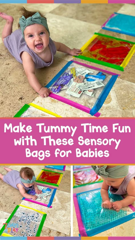 Manipulatives For Infants, 4 Month Sensory Play, Tummy Time Toys Diy, Diy Water Tummy Time Mat, Infant Crafts And Activities, Tummy Time Play Area, Infant Floor Activities, Science And Sensory For Infants, Diy Sensory Mats For Babies