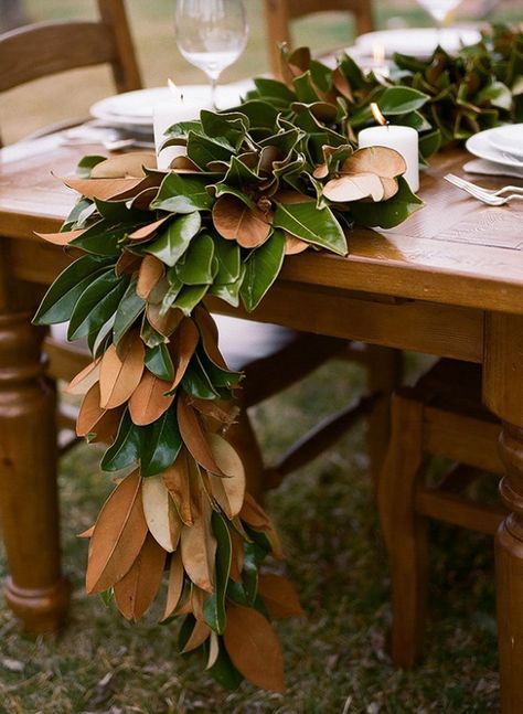 Magnolia leaves table runner. So in right now! Christmas Crafts Diy Kids, Magnolia Leaf Garland, Diy Snowman Decorations, Magnolia Garland, Christmas Lights Outside, Magnolia Leaf, Holiday Wreaths Diy, 13 November, Thanksgiving Decorations Diy