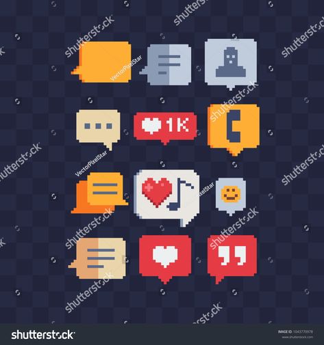 Web symbols pixel art speech bubble icons set. Like, message, dialogue, comics, call, communication sign Isolated vector illustration. Game assets 8-bit sprite. Element design for mobile app, web. dialogue#message#set#communication Pixel Art Dialogue, Call Icon, Element Design, Pixel Perfect, Speech Bubble, 8 Bit, Game Assets, Icon Set, Mobile App