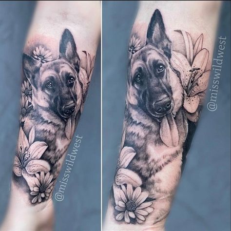 German Shepherd Tattoo, Shepherd Tattoo, Pet Memorial Tattoo, Orlando Tattoo, Dog Portrait Tattoo, Storm Tattoo, Dog Memorial Tattoos, National Dog Day, Gray Flower