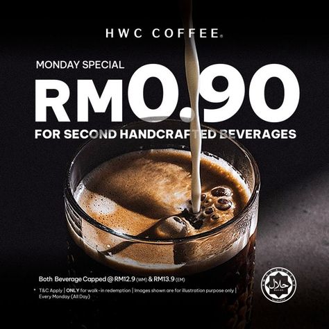 HWC Coffee Monday Promotion: RM0.90 for Second Beverage – Start Your Week Right! Coffee Monday, Coffee Treats, Coffee Today, Seasonal Drinks, Pour Over Coffee, Speciality Coffee, Relish, Promotion, Drinks