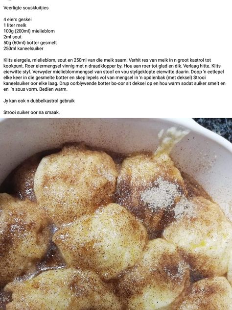 South African Desserts Afrikaans, Suid Afrikaanse Resepte Afrikaans, Souskluitjies Resep, Sous Kluitjies, South African Recipes Afrikaanse Resepte, Tea Scones Recipe, Pudding Recipes Homemade, Milk Recipes Dessert, South African Desserts