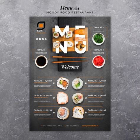 Modern Menu Design Ideas, Sushi Menu Design Ideas, Design Cibo, Menu Sushi, Restaurant Vouchers, Food Business Card, Restaurant Web, Sushi Menu, Menu Card Design