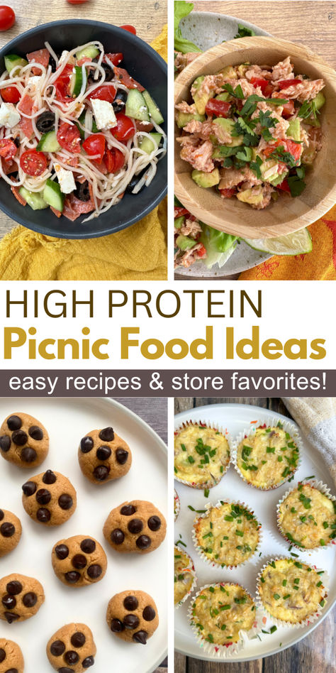 Images of 4 high protein picnic dishes High Protein Picnic Foods, Picnic Food Ideas Low Carb, High Protein Beach Snacks, Low Calorie Picnic Food, Easy Protein Recipes, Low Carb Picnic, Healthy Beach Snacks, Easy Protein Meals, Healthy Picnic