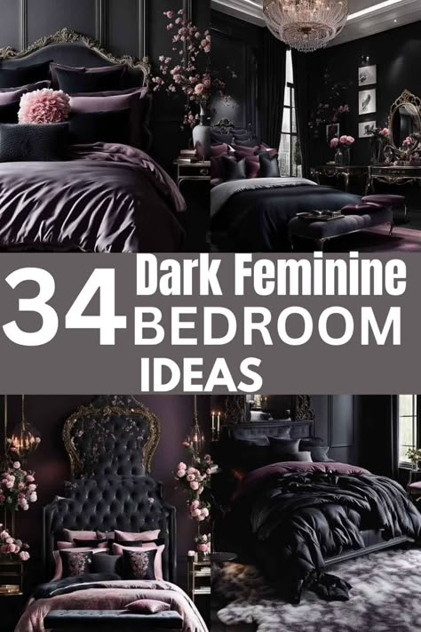 Explore 34 Dark Feminine Bedroom Ideas where sophistication meets comfort. These concepts blend dark, romantic aesthetics with feminine touches to create cozy and chic spaces. Dark Moody Witchy Bedroom, Villain Bedroom Aesthetic, Dark Relaxing Bedroom, Mauve Moody Bedroom, Dark Floral Bedroom Ideas, Black Master Bedrooms Decor Cozy, Dark And Moody Bedroom Jewel Tones, Dark Rooms Aesthetics, Dark Jewel Tone Color Palette Bedroom