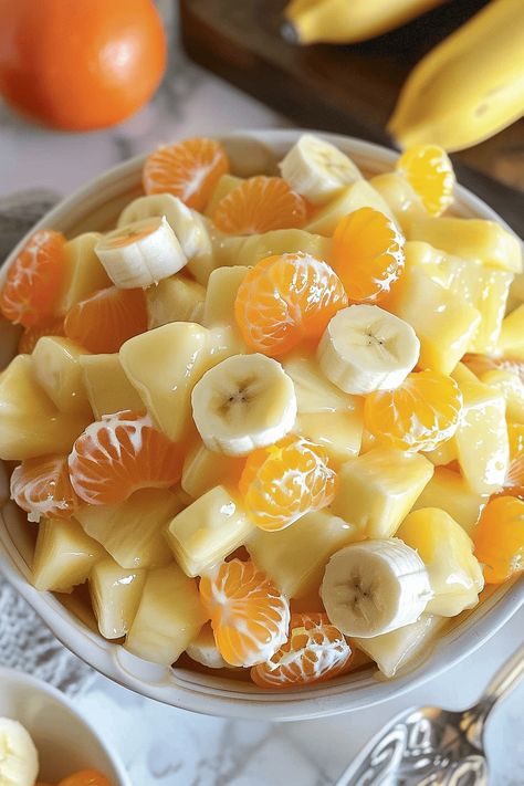 Sunshine Salad Sunshine Salad Recipe, Banana Fruit Salad, Sunshine Salad, Fruit Delight, Au Gratin Potato Recipes, Au Gratin Recipes, Sugar Free Jello, Sugar Free Pudding, Mandarin Oranges