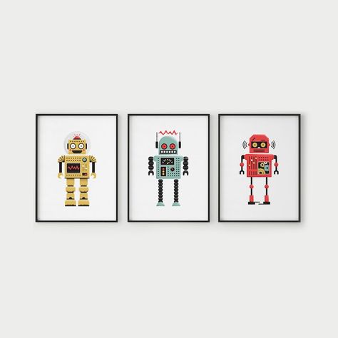 Robot Themed Bedroom, Boys Bed Canopy, Robot Bedroom, Robot Nursery, Robot Room, Robot Wall Art, Robot Painting, Blue Robot, Red Robot