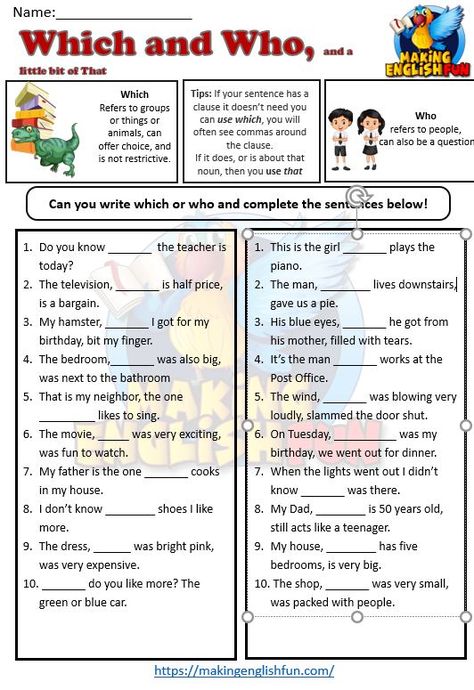 Which vs. Who: Master Relative Pronouns with Our Free Worksheet! 📚✏️

Hone your understanding of 'which' and 'who' with our specialized Relative Pronouns Worksheet! Designed to clarify when and how to use these crucial words correctly, this resource is perfect for enhancing writing clarity and comprehension skills. Ideal for students and ESL learners aiming to polish their English grammar.

#WhichVsWho #GrammarWorksheets #EnglishLearning #FreeResources Relative Pronouns Worksheet, Prefix Worksheet, Pronouns Worksheet, Relative Pronouns, Comprehension Skills, English Fun, Middle School English, School English, Words To Use