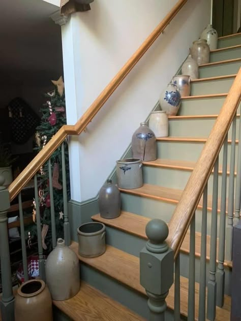 Green And Wood Stairs, Wooden Stair Banister, Painted Wooden Staircase, Green Stairs Painted, Hallway And Stairs Decor, Teal Stairs, Painted Wooden Stairs, Stair Color Ideas Stairways, Stairway Paint Colors