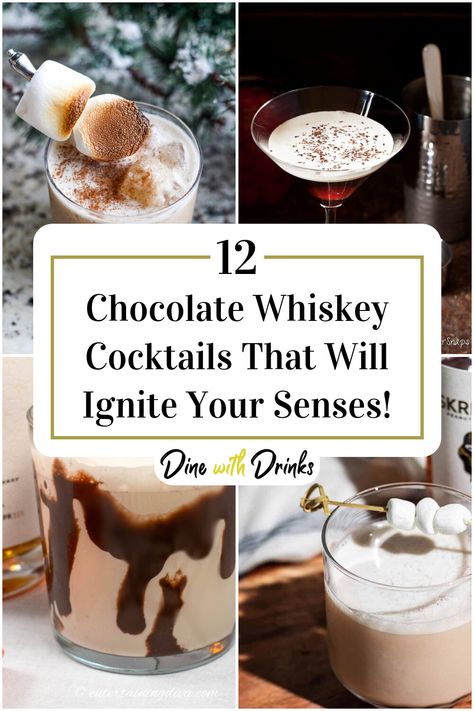 Collage of 4 chocolate whiskey cocktails. Whiskey And Chocolate Pairing, Whisky Drinks Whiskey Cocktails, Cookie Dough Whiskey Drinks, Chocolate Whiskey Drinks, Whiskey Martini, Godiva Chocolate Liquor, Whiskey Desserts, Whiskey Mixed Drinks, Drinks Chocolate