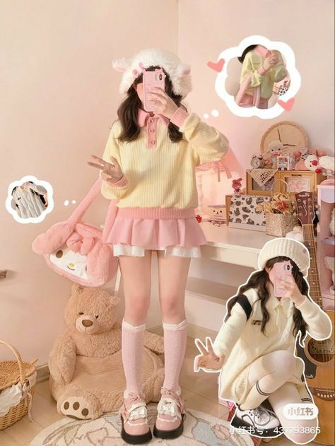 Pink Outfits Korean, Pastel Cute Outfits, Pink Kawaii Outfits, Aesthetic Pastel Yellow, Cute Outfits Pastel, Outfit Inspo Korean, Pastel Aesthetic Outfit, Pink And White Outfit, Yellow Skirt Outfits