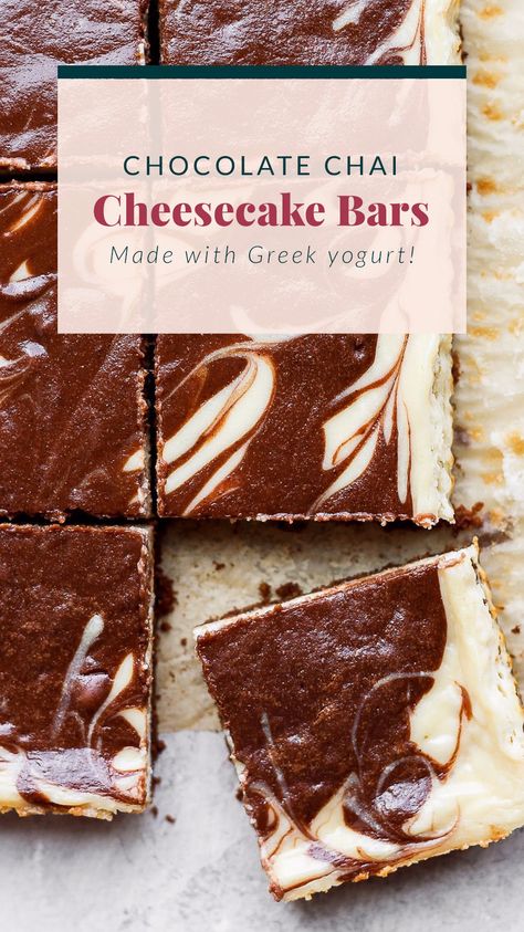 These healthy cheesecake bars are made with greek yogurt, cream cheese, chai spices, and a delicious chocolate graham cracker crust! Chai Cheesecake, Greek Yogurt Cream Cheese, Yogurt Cream Cheese, Chocolate Swirl Cheesecake, Greek Yogurt Cheesecake, Yogurt Cheesecake, Healthy Cream Cheese, Chocolate Graham Cracker Crust, Chocolate Chai