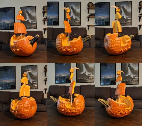 ArtStation - Pirate Ship Pumpkin - Halloween 2018, Josh Jaillet Pumpkin Pirate Ship, Pumpkin Carving Pirate Ship, Boat Pumpkin Carving, Pumpkin Boat, Pirate Ship Pumpkin Carving, Nautical Pumpkin Carving, Pumpkin Train, Pirate Ship Pumpkin, Pirate Pumpkin Carving