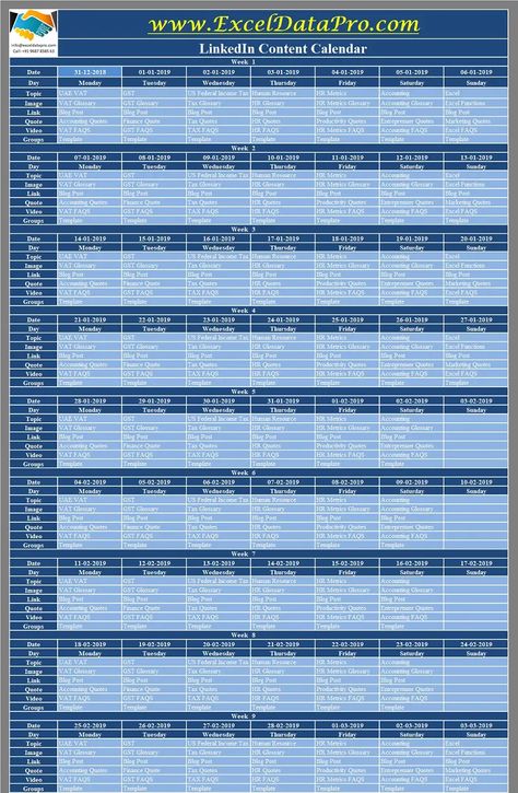 Download LinkedIn Content Calendar Excel Template - ExcelDataPro Instagram Content Calendar, Linkedin Content, Planning Excel, Content Calendar Template, Posting Schedule, Blog Schedule, Excel Calendar, Facebook Content, Linkedin Tips