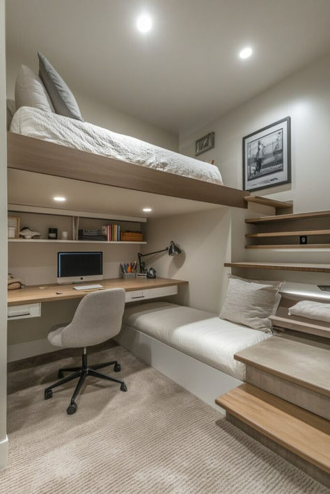 The Study Nook Loft Bed combines sleeping and study areas in a compact setup, making it perfect for loft beds for small rooms. Equipped with a desk and shelves, it provides a complete study area under the bed. Great for students, the design maximizes vertical space while keeping the floor area open. It’s ideal for small rooms that need a dedicated study zone. Tap here for more study-friendly loft bed ideas. Small Room Design For 3 People, Bedroom Design Student, Loft Bed With Sofa Underneath, Elevated Bed With Desk Under, Desk Under Loft Bed, Loft Style Bedroom Ideas Small Spaces, Couch Under Loft Bed, Bed Desk Ideas, Under Loft Bed Ideas Teenager