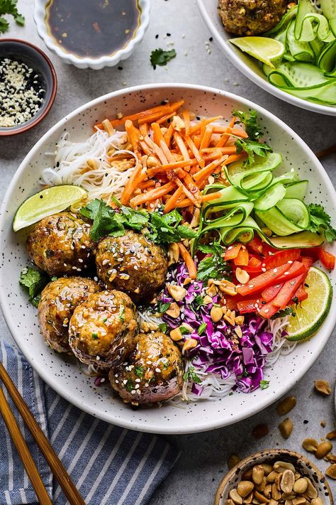 Soy Ginger Meatballs - Two Peas & Their Pod Asian Bowl Meal Prep, Healthy Asian Dinner Ideas, Asian Meatball Bowl, Asian Meatballs And Noodles, Asian Inspired Meal Prep, Asian Dinners Recipes, Meal Prep Travel, Asian Inspired Meatballs, Teriyaki Meatballs And Rice