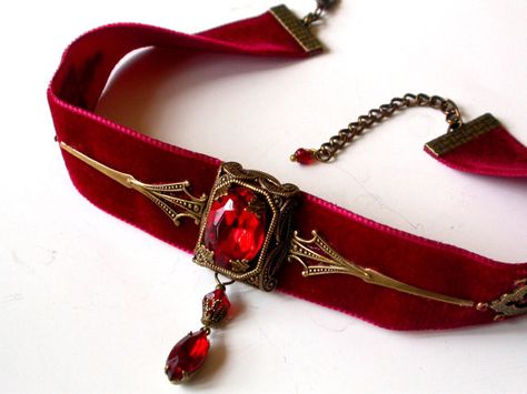 Red Choker Necklace, Goth Choker Necklaces, Gothic Choker Necklace, Victorian Gothic Jewelry, Red Choker, Goth Choker, Dark Jewelry, Gothic Chokers, Velvet Choker