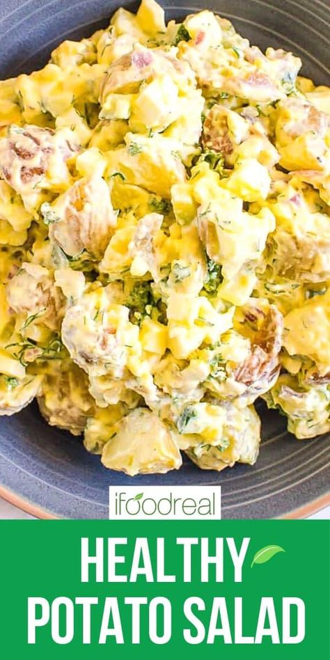 Healthy Potato Salad Greek Yogurt, Low Cal Potato Salad, Mediterranean Potato Salad Recipes, Healthy Potatoe Salad Recipe, Potato Salad Sauce, Low Calorie Potato Salad, Weight Watchers Potato Salad, Healthier Potato Salad, Low Fat Potato Salad