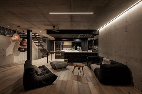 Underground Living Room, Underground Room, Palace House, Moody Interior Design, Underground Living, Sage House, Visual Lighting, Entertaining Deck, Moody Interiors