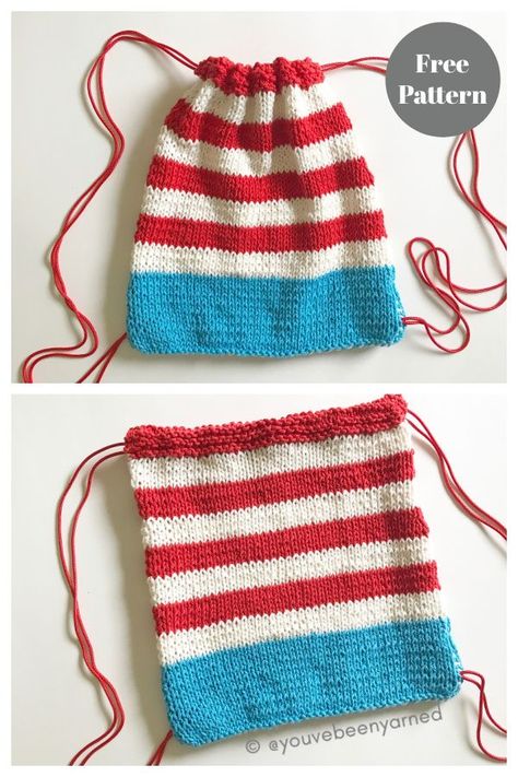 Little Patriot Drawstring Backpack Free Knitting Pattern Knitted Drawstring Bag Pattern Free, Knitted Book Bag, Small Bag Knitting Pattern, Knitting Machine Bag Pattern, Knitted Bags Free Patterns, Knitting Backpack, Cross Body Bag Pattern Free, Drawstring Backpack Pattern, Knit Backpack