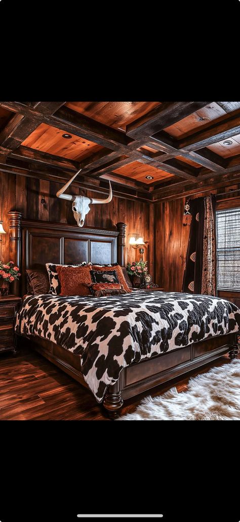 Bare Wall Ideas Bedroom, Black Western Bedroom, Bare Wall Ideas, Dark Western Bedroom, Finished Basement Bedroom, Cowgirl Bedroom Ideas, Cowgirl Bedroom, Western Bedrooms, Western Bedroom Decor