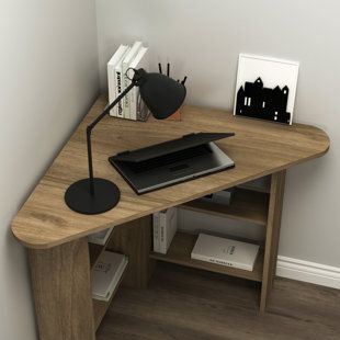 Triangle Desk, Work Space At Home, Writing Desk Design, House Lounge, Computer Desk With Shelves, Desk With Shelves, Open Storage Shelves, Modern Computer Desk, Corner Computer Desk