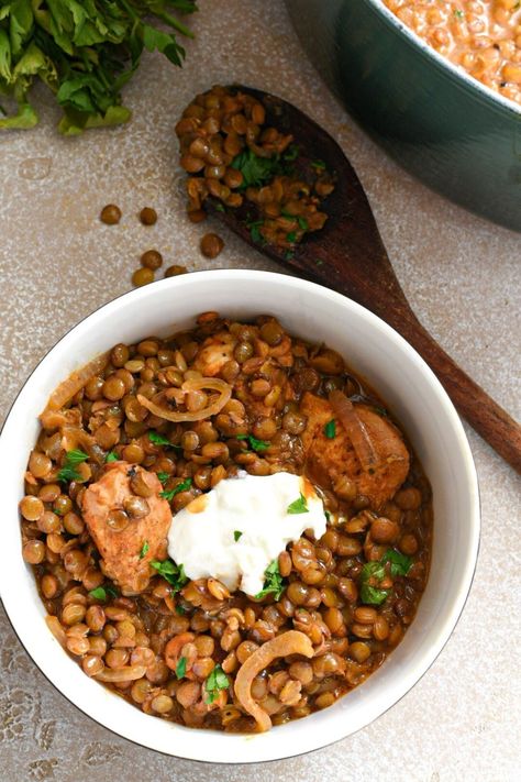 Green Lentil And Chicken Recipes, Chicken Lentil Stew, Lentil And Chicken Recipes, Chicken Lentil Recipes, Chicken And Lentil Recipes, Beans Meals, Lentils Chicken, Lentil Chicken, Chicken And Lentils