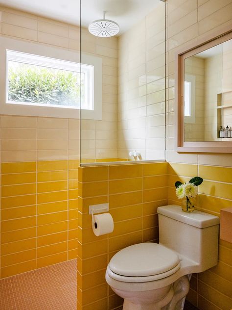 Yellow Tile Bathroom, Midcentury Modern Bathroom, Mini Bad, Tub Enclosures, Pony Wall, Mid Century Modern Bathroom, Mid Century Bathroom, Shaker Style Doors, Yellow Bathrooms