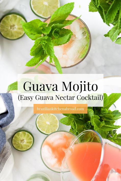 These Guava Mojitos are so refreshing and easy to make. Made with white rum, lime juice, fresh mint, guava nectar and simple syrup, this guava cocktail recipe sings of tropical flavors! Just a sip will help you escape to a tropical paradise. - Makes 2 drinks and easy to double! Guava Cocktail Recipes, Guava Cocktail, Guava Mojito, Brazilian Dinner, Tapioca Pudding Recipe, Margarita Pitcher, Avocado Dressing Recipe, Guava Nectar, Avocado Lime Dressing