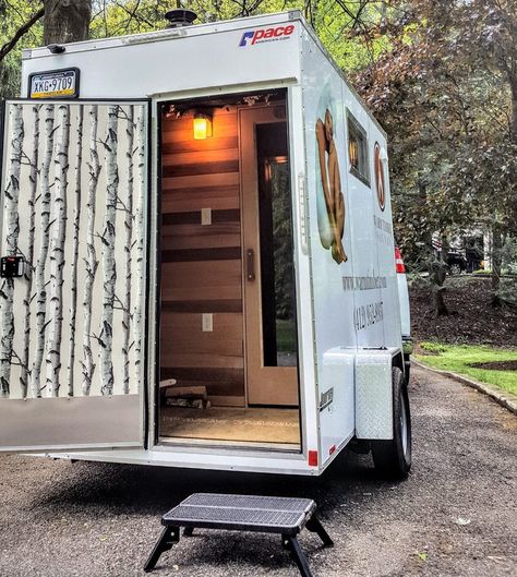 Like many custom sauna builders, Warm Timber built a mobile unit to show off their craft, and spread help spread the practice in their community.  This one-of-a-kind mobile sauna has all cedar interior with double benches, changing room, and a wood burning stove for the true Finnish sauna experience anywhere in the greater Pittsburgh area.  The sauna is perfect for family events, corporate outings, or just a friendly outing or couples retreat. Custom Sauna, Cedar Interior, Home Saunas, Mobile Sauna, Sauna Shower, Couples Retreat, Finnish Sauna, Truck Campers, Couples Retreats